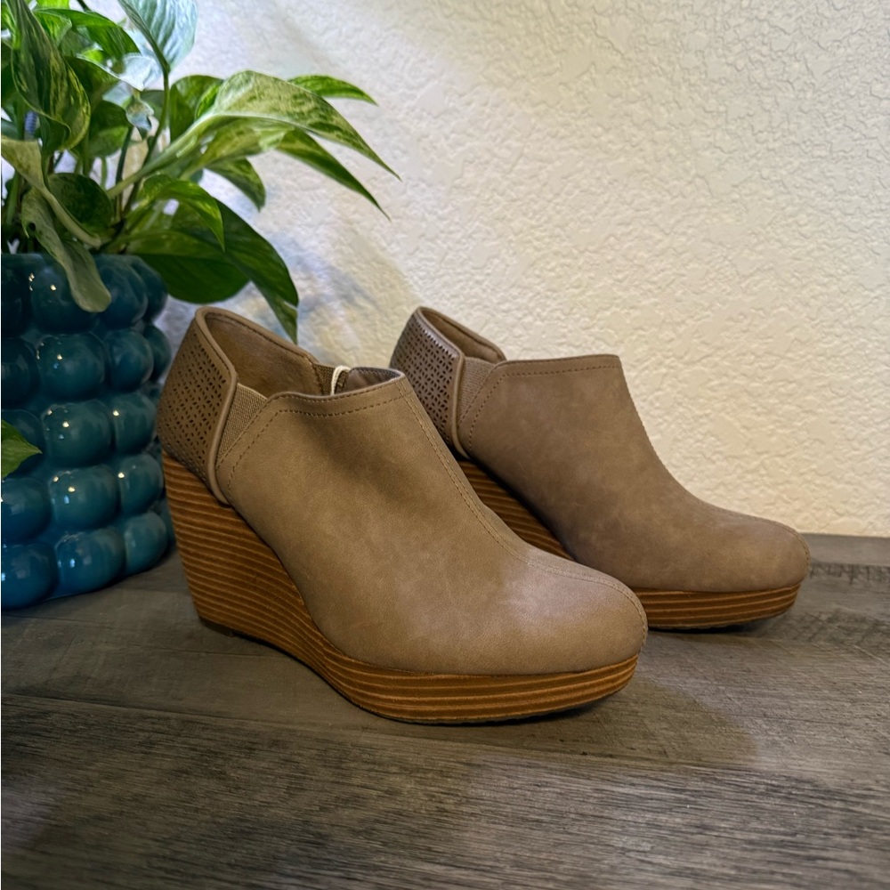 Tan Wedge Booties - Suede and V-Cut Design